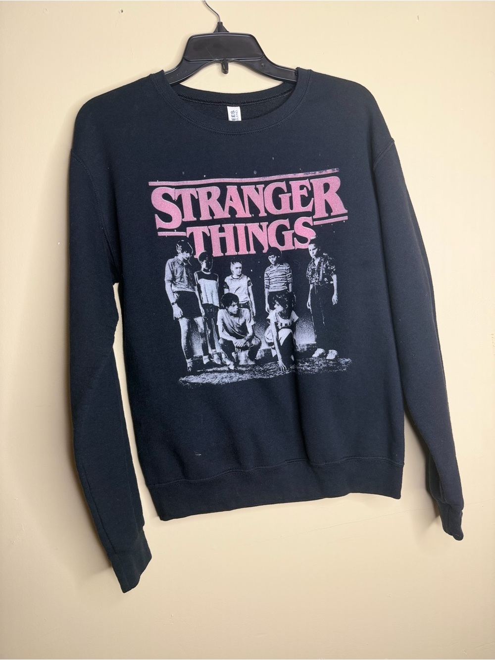 Hanes Black Stranger Things Crewneck Sweatshirt with Pink Logo
